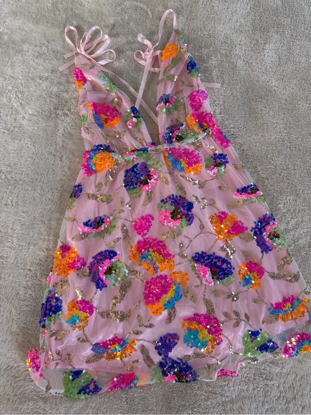 Boutique V Neck Open Back Sequined Floral Tie A Line Mini Dress sz M - Picture 9 of 12